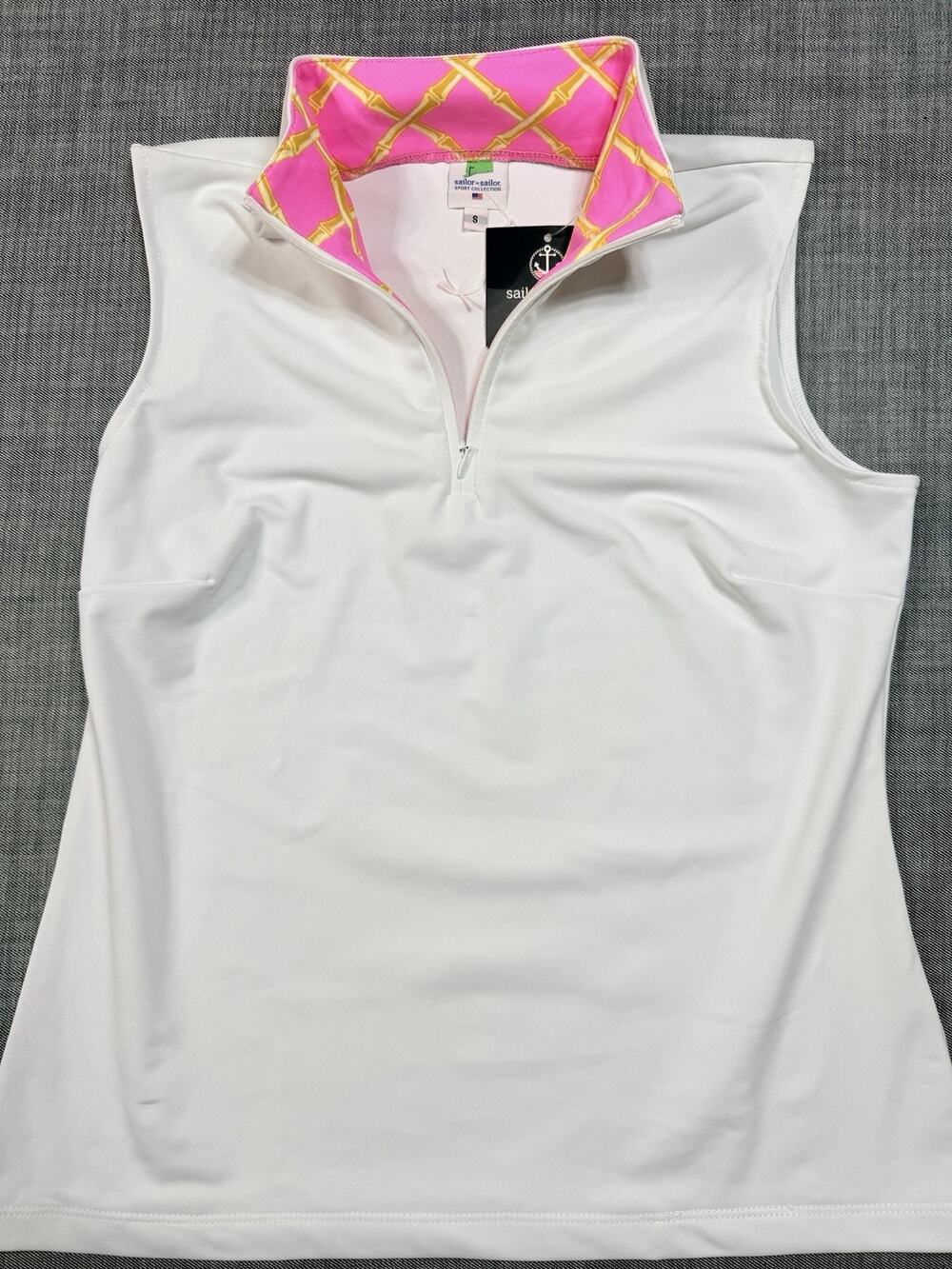 NWT sailor-sailor Golf Polo Top S White Pink Bamboo Tennis Shirt Sleeveless
